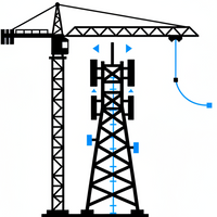 20x20 black icon with white background and blue accents. The icon should represent a cell tower being built by a crane